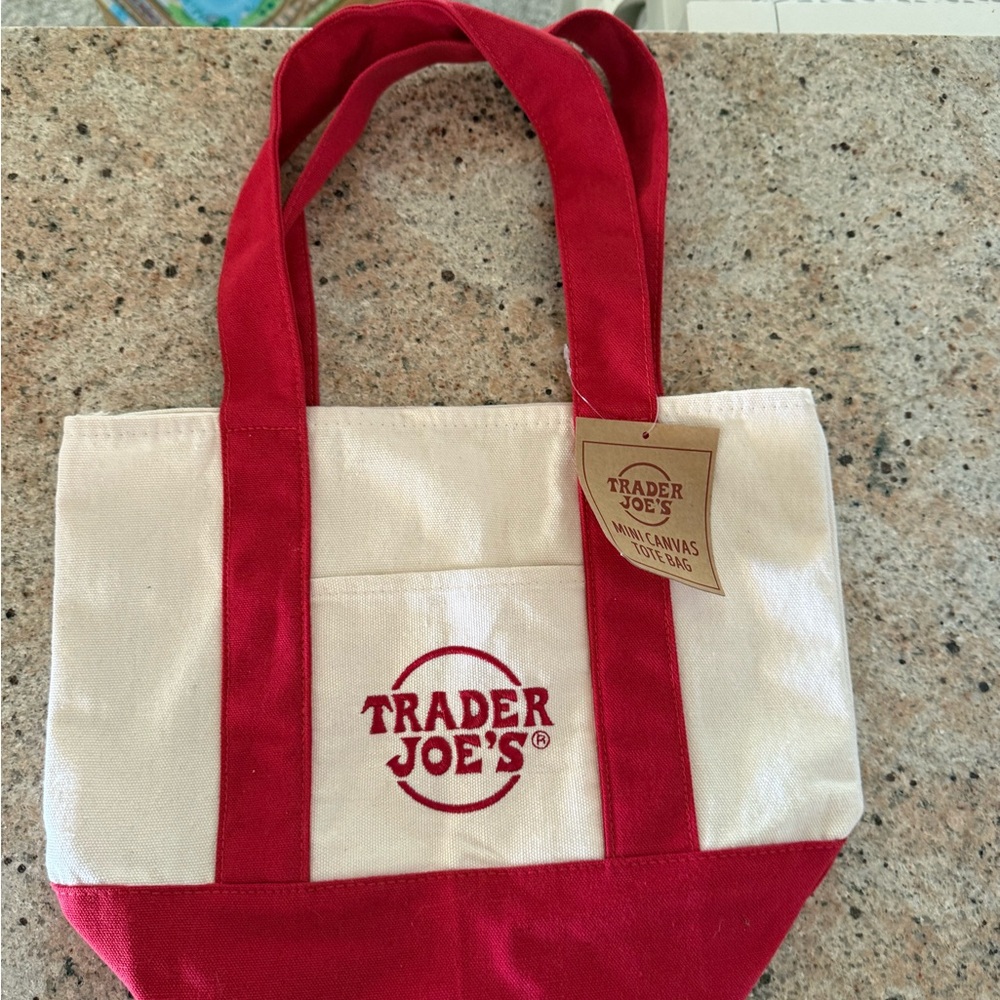 Trader Joe's Red and Cream Canvas Mini Tote Bag